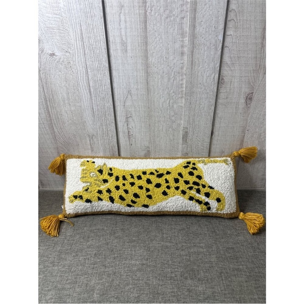 Mustard Yellow Leopard Hooked Lumbar Pillow with Tassels by Justina Blakeney
